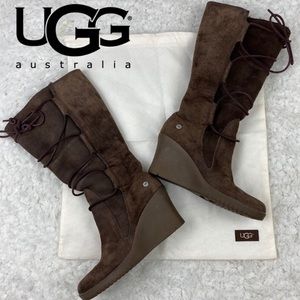 Ugg Elsey Expresso Lace Up Wedge Boots Sheepskin 5